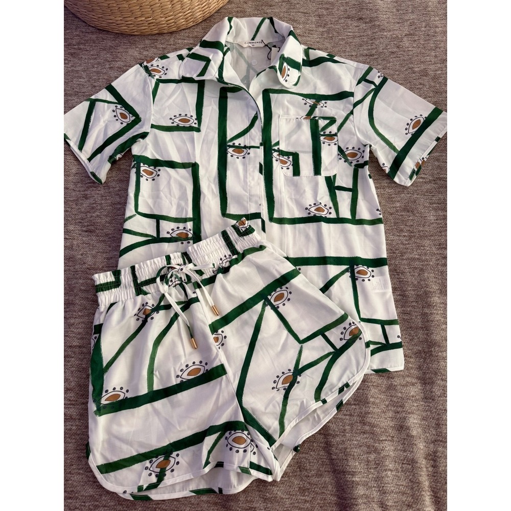 Commense Set Green Abstract Print Button Down Shirt & Drawstring Shorts M - Picture 7 of 16